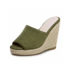 Peep Toe Knitted Straw Wedges Flock Suede Sandal - Green