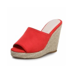 Peep Toe Knitted Straw Wedges Flock Suede Sandal  - Red