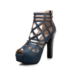 Cuban Heels Cut-Out Platform Spring Ankle Booties with Back Zipper - Blue