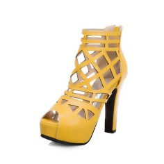 Cuban Heels Cut-Out Platform Spring Ankle Booties with Back Zipper - Yellow