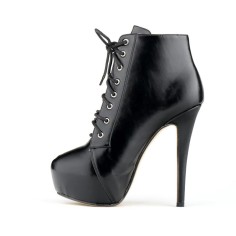 Round Toe Stiletto Heels Rustic Motorcycle Biker Lace Up Platforms Ankle Highs Booties - Black