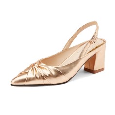 Pointed Toe Chunky Heels Slingback Buckle Straps Vintage Sandals Pumps - Gold