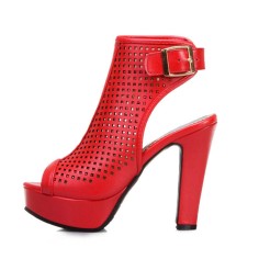 Peep Toe Ankle Back Straps Platforms Cuban Heels Summer Boots - Red