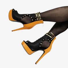 Stiletto Heel Peep Toe Rivet Mesh Net Big Sizes Booties with Zipper - Orange