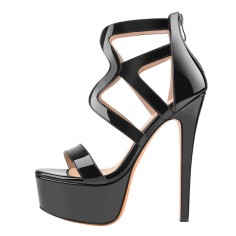Peep Toe Stiletto Heels Cut Out Straps Back Zipper Platforms Sandals - Black