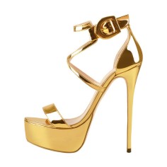 Peep Toe Stiletto Heels Ankle Buckle Straps Back Zipper Platforms Sandals - Gold