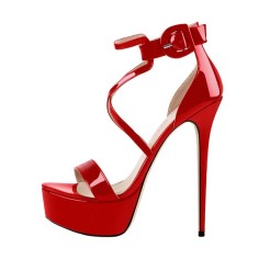Peep Toe Stiletto Heels Ankle Buckle Straps Back Zipper Platforms Sandals - Red Patent