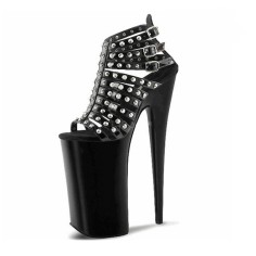 Peep Toe Ankle Buckle Straps Rivet Decorated Platforms Stiletto Punk Gothic Pumps Sandals - Black