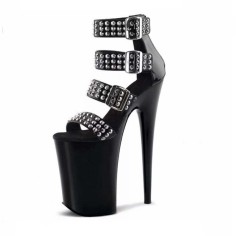 Peep Toe Ankle Trible Buckle Straps Rivet Decorated Platforms Stiletto Punk Gothic Pumps Sandals - Black