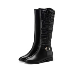 Knee High Side Zipper Buckle Strap Pretty Rider Boots - Black
