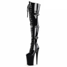 Round Toe Platforms Stiletto Heels Over The Knees Lace Up Buckle Straps Pumps Boots - Black