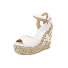 Peep Toe Knitted Straw Flower Wedges Ankle Buckle Straps Sandal  - White