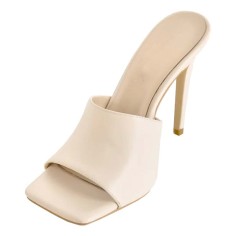 Square Open Toe Stiletto Heels Elegant Sandals - Beige Faux Leather