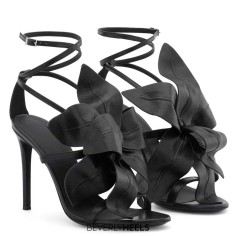 Peep Toe Flower Decorated Elegant Stiletto Heels Ankle Gladiator Straps Summer Party Date Night Sandals - Black Faux Leather
