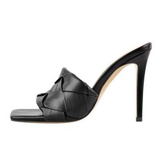 Square Open Toe Stiletto Heels Elegant Sandals - Black Faux Leather