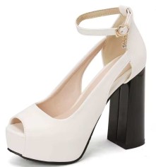 Peep Toe Ankle Buckle Straps Chunky Heels Platforms Pumps - Black with White Heel