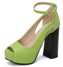 Peep Toe Ankle Buckle Straps Chunky Heels Platforms Pumps - Light Green