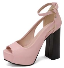 Peep Toe Ankle Buckle Straps Chunky Heels Platforms Pumps - Baby Pink