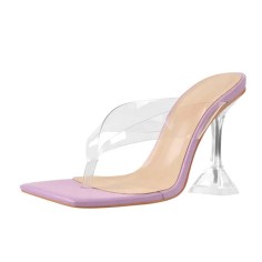 Open Square Toe Kitten Heel Slip On Transparent Clear Summer Sandals - Pink PVC