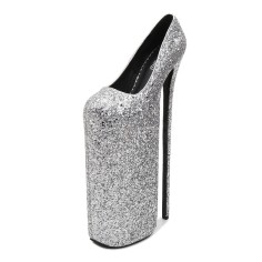 Round Toe Stiletto Heels Glossy Sequins Platforms Pumps - Silver