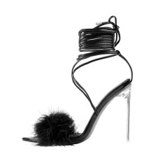 Pointed Open Toe Stiletto Transparent Heels Gladiator Lace Up Furry Sandals - Black Patent