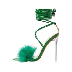 Pointed Open Toe Stiletto Transparent Heels Gladiator Lace Up Furry Sandals - Green Patent