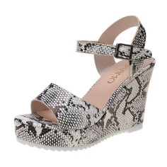Peep Toe Platforms Snake Print Ankle Buckle Straps Wedges Sandals - White