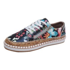 Round Toe Floral Pattern Zipper Casual Loafers Flats Sneakers - Black