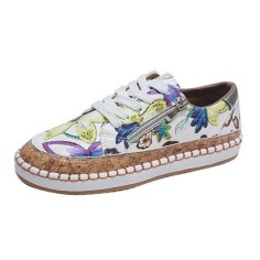Round Toe Floral Pattern Zipper Casual Loafers Flats Sneakers - Green