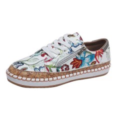Round Toe Floral Pattern Zipper Casual Loafers Flats Sneakers - Red