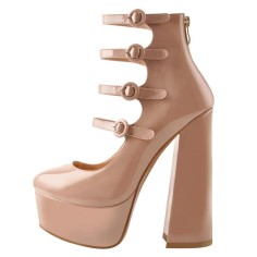 Round Toe Chunky Heels Platforms Ankle Wrap Heel Stripes Sandals - Beige