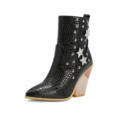 Chunky Heels Half Wedges Crocodile Embossed Rhinestones Star Western Side Zipper Boots - Black
