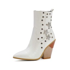 Chunky Heels Half Wedges Crocodile Embossed Rhinestones Star Western Side Zipper Boots - White