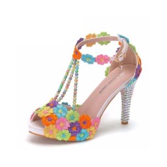 Peep Toe Ankle Buckle Straps Italian Style 3.9 Inches Heels Wedding Dorsay Pumps - Multicolor