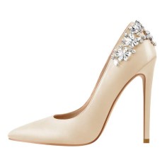 Pointed Toe Flower Rhinestones Stiletto Heels Party Pumps - Beige Satin Fabric