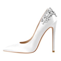 Pointed Toe Flower Rhinestones Stiletto Heels Party Pumps - White Satin Fabric