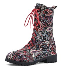 Round Toe Ankle Highs Lace Up Ethnic Mandala Print Boots - Black