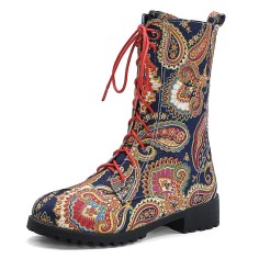 Round Toe Ankle Highs Lace Up Ethnic Mandala Print Boots - Blue