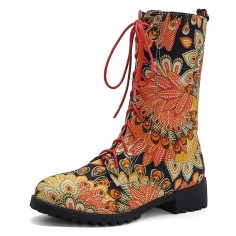 Round Toe Ankle Highs Lace Up Ethnic Mandala Print Boots - Yellow