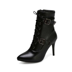 Stiletto Heels Pointed Toe Ankle Buckle Straps Lace Up with Side Zipper - Black