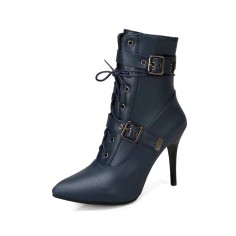 Stiletto Heels Pointed Toe Ankle Buckle Straps Lace Up with Side Zipper - Blue