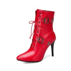 Stiletto Heels Pointed Toe Ankle Buckle Straps Lace Up with Side Zipper - Red