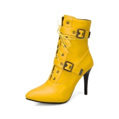 Stiletto Heels Pointed Toe Ankle Buckle Straps Lace Up with Side Zipper - Yellow