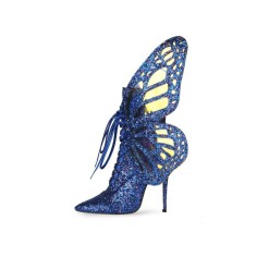 Pointed Toe Stiletto Heels Ankle Lace Up Butterfly Wings Sequin Boots with Zipper - Blue