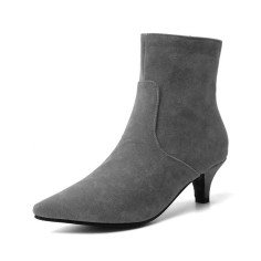 Kitten Heels Pointed Toe Ankle Boots with Side Zipper - Gray
