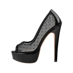 Italian Heels Peep Toe Platform Transparent Patent Mesh Pumps - Black