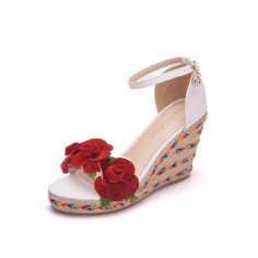 Peep Toe Ankle Buckle Straps High Wedges Heels Platforms Sandals - Red