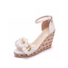 Peep Toe Ankle Buckle Straps High Wedges Heels Platforms Sandals - White