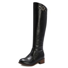 Round Toe Knee Highs Vintage Rustic Rider Biker Side Zipper Boots - Black