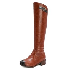 Round Toe Knee Highs Vintage Rustic Rider Biker Side Zipper Boots - Yellow